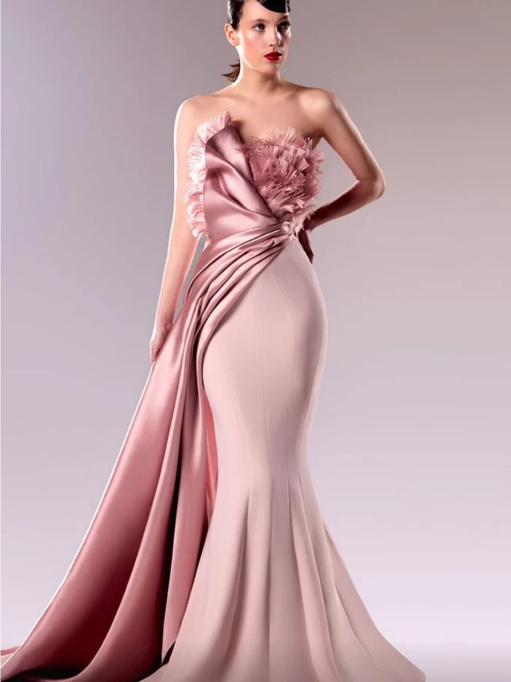 MNM Couture Blush Pink Strapless Mermaid Gown with Draped Satin Sash